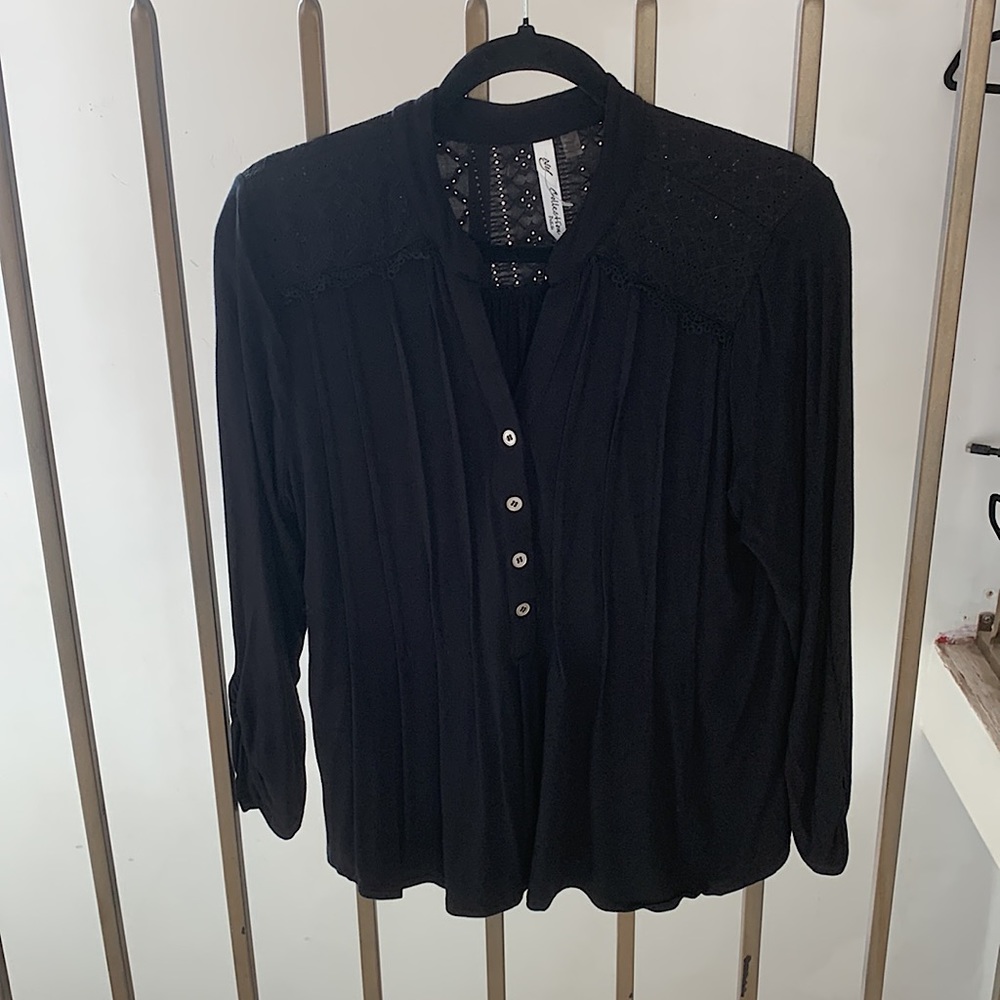 Black long sleeve button up-halfway blouse.. Size petite large